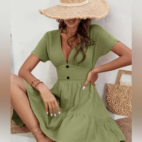 LAST ONE 🔥 Cotton Plunging Neck Ruffle Hem Dress - Picture 3 of 7